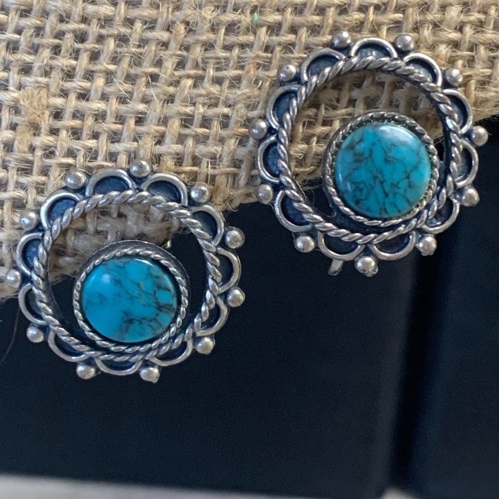 Vintage Suncrest Turquoise Silver Tone‎ Clip On Earrings Southwestern Boho Hoop
